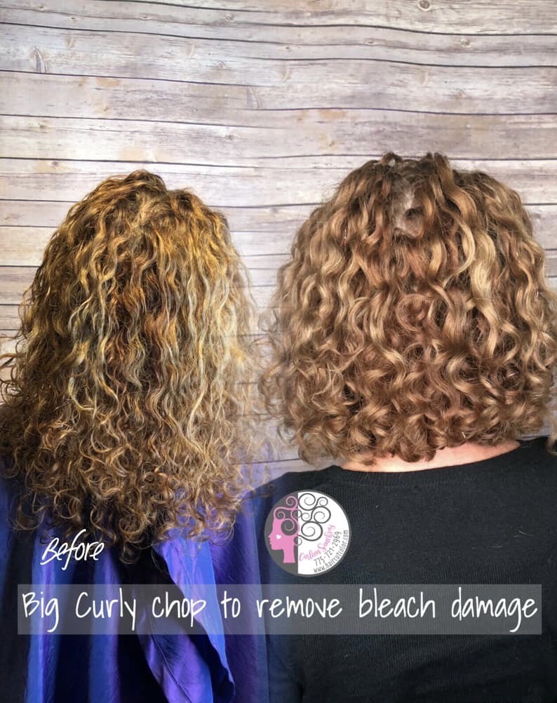 Image of bleach damage on curly hair by Naturally Curly Hair and Color Artist Carleen Sanchez in Reno, Nevada 775-721-2969